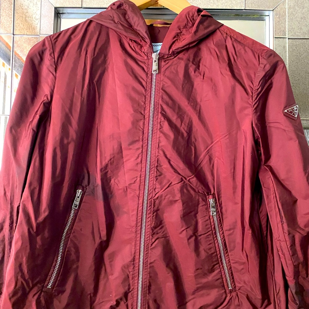 Prada Wine Red Hooded Nylon Bomber Jacket